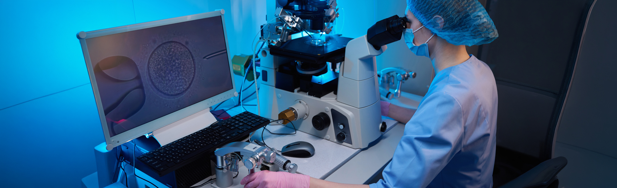 A laboratory technician performs Intracytoplasmic Sperm Injection using a microscope and computer for embryo analysis.