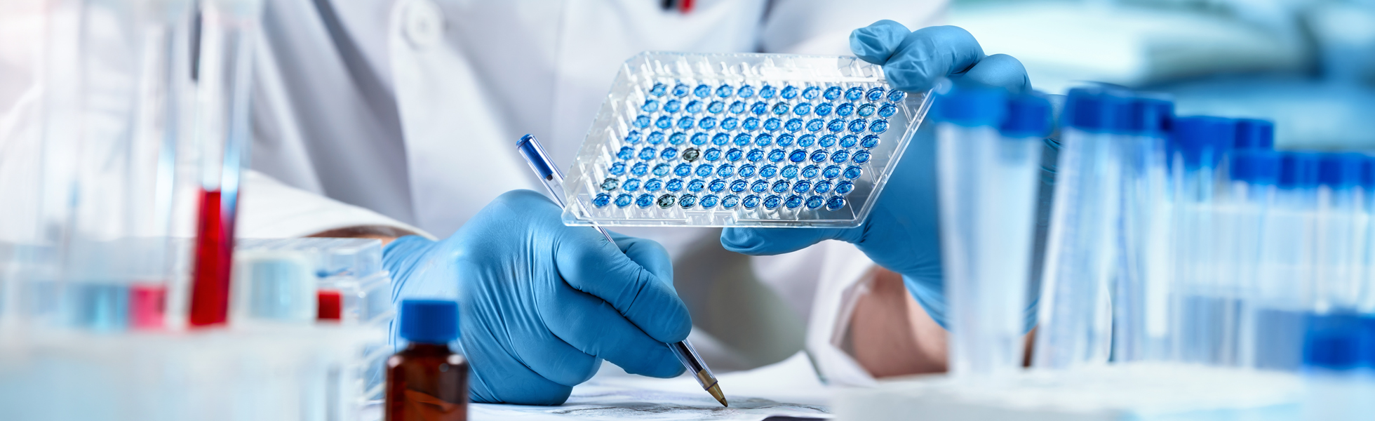 A scientist in gloves examines a microplate while conducting preimplantation genetic testing in a laboratory setting.